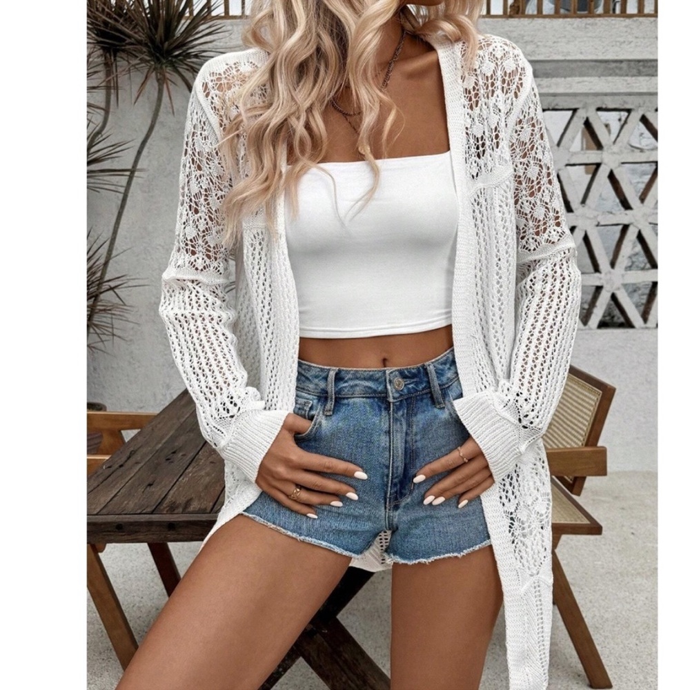 Plus Size Boho Sheer Lightweight Crochet Knit Cardigan Sweater White